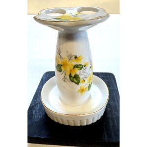 Vintage Cottage Core YELLOW Floral Toothbrush Holder with Gold Trim